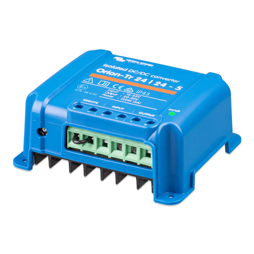 Side perspective of blue Victron DC-DC converter showing integrated cooling fins and mounting flange