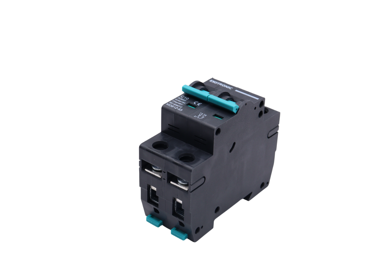 Rear angled view of DC miniature circuit breaker highlighting the DIN rail mounting slot and housing depth