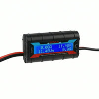 Close-up of the backlit LCD display showing voltage, current and power readings