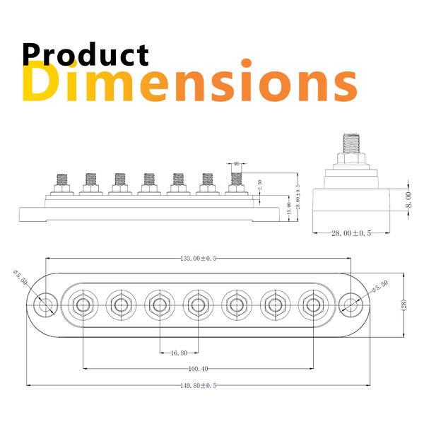 Technical dimensional drawing of the 7-stud busbar with measurements