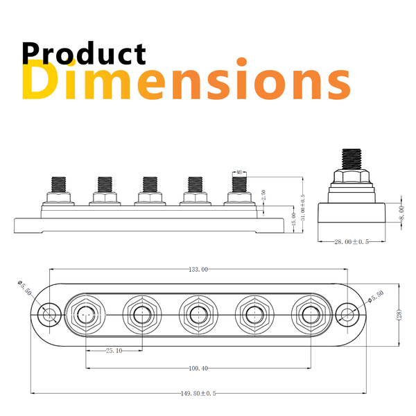 Dimensional drawing of 5-stud busbar showing length 149.8mm and stud spacing
