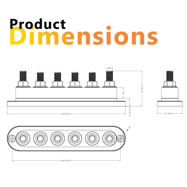 Dimensional drawing of 6-stud busbar showing length width and mounting hole spacing