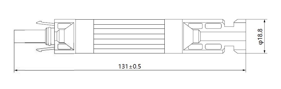 Dimensional line drawing of 20A in-line fuse connector showing length and diameter