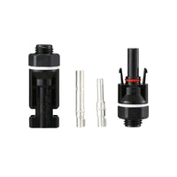 Disassembled panel mount solar connector set showing housings and metal terminals