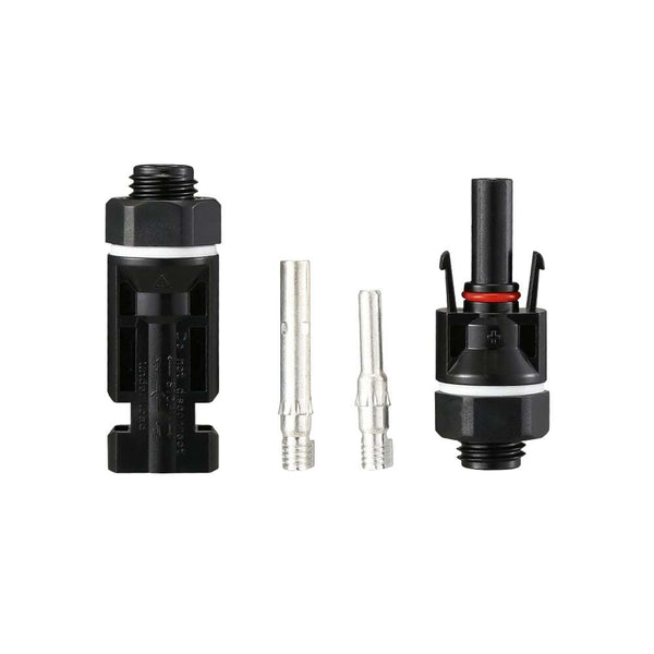 Disassembled panel mount solar connector set showing housings and metal terminals