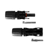 Disassembled male and female solar connector pair showing black housings and metal terminals