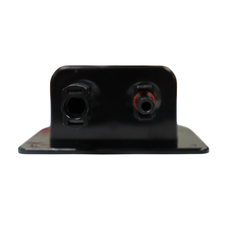 Close-up of two solar cable connector ports on the housing front
