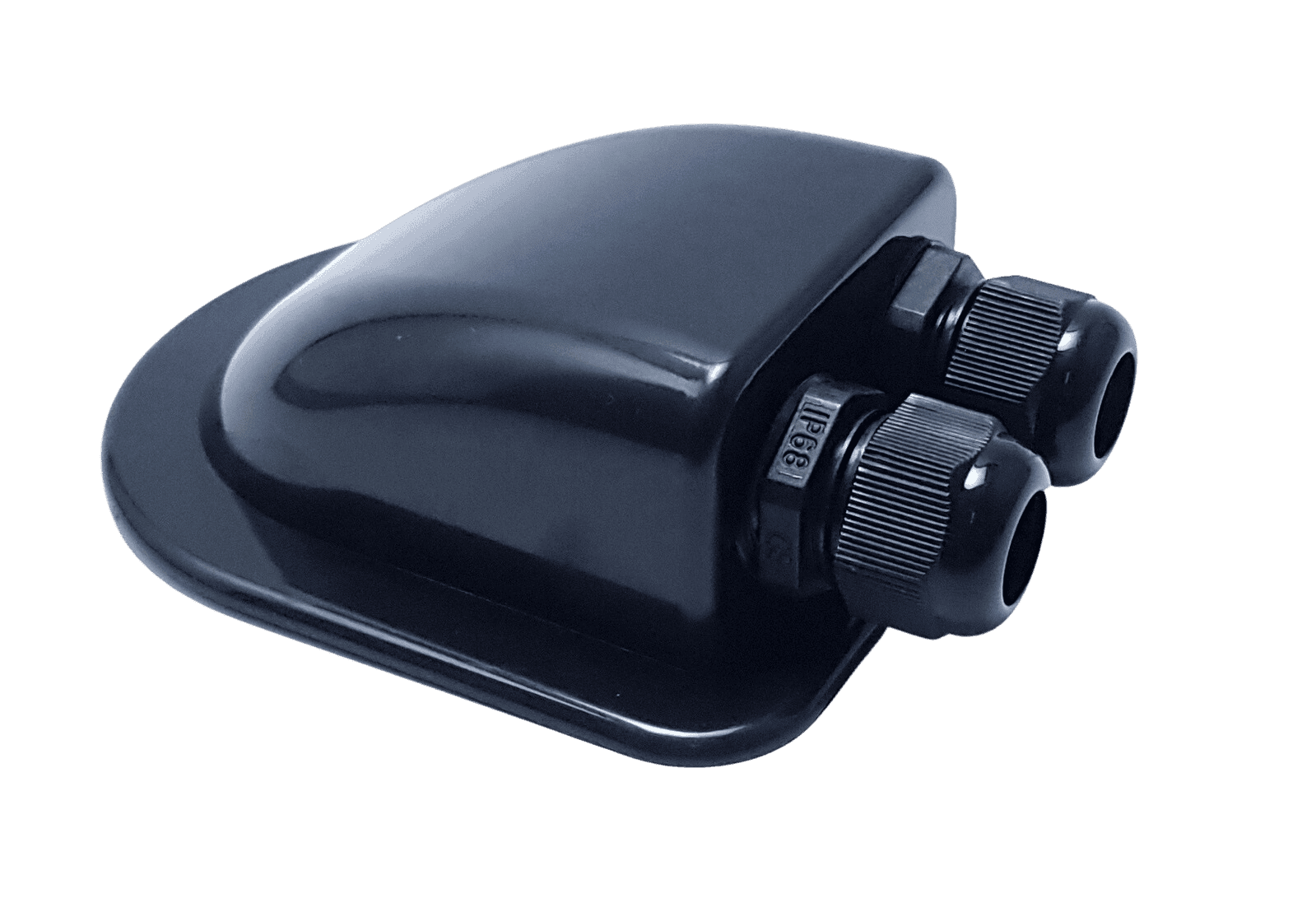 Black aerodynamic ABS cable entry housing featuring two compression glands with IP68 ratings