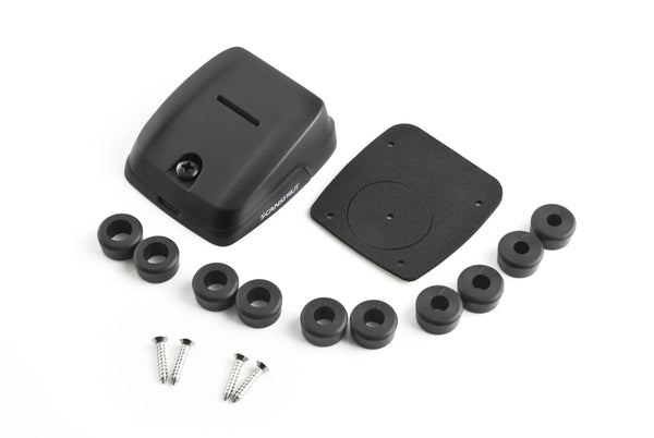 Component breakdown including multiple rubber bungs, mounting plate, gasket, and screws