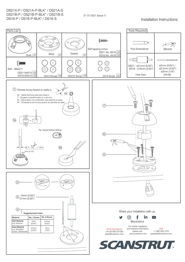 Official installation instructions for Scanstrut DS21 and DS16 series cable seals