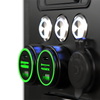 Close-up of two green illuminated 100W USB sockets and a 12V marine-grade cigarette socket