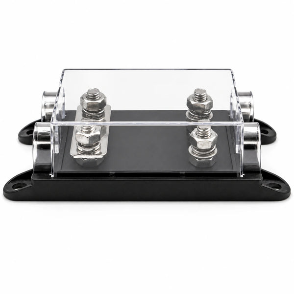 Perspective view of a dual ANL fuse holder with a clear polycarbonate protective cover