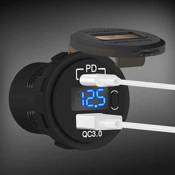 Flush mount socket with white USB-C and USB-A cables plugged in, showing active charging with open dust cap
