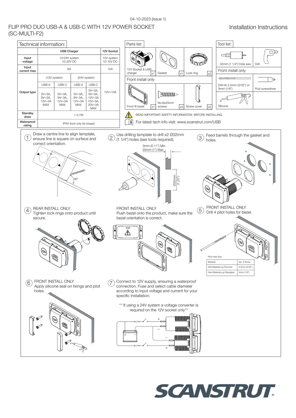 Step-by-step installation instructions for front and rear fit mounting options