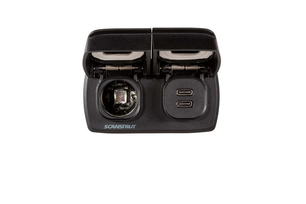 Front view of open Flip Pro Multi charging socket and 12V power outlet