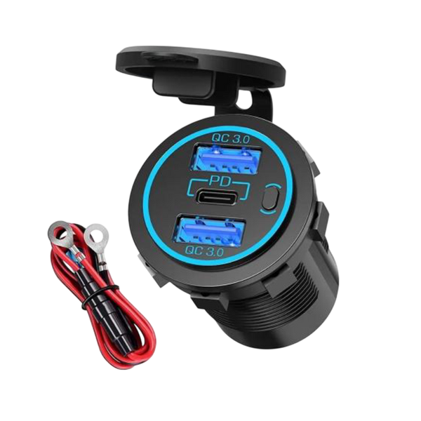 Dual USB QC3.0 and USB-C socket with blue LED ring, open cap and included 12V wiring harness with inline fuse