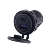 Front view of black dual USB socket with open cap showing USB-C PD and USB-A QC3.0 ports