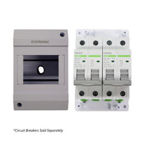 Front view of empty enclosure compared to one populated with four example circuit breakers