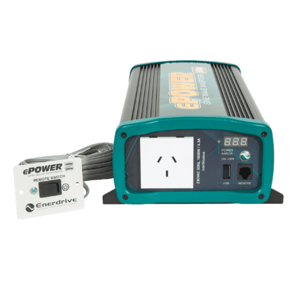 Enerdrive 1000W inverter front view with AC outlet, USB port and wired remote switch