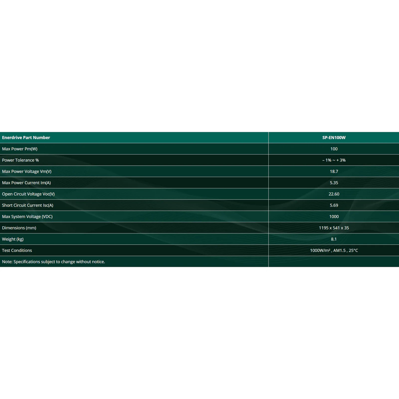 Specifications table listing power ratings, dimensions and weight for SP-EN100W solar panel