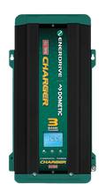 Front view of Enerdrive 12V 100A multi-bank battery charger showing digital display and status indicators