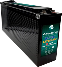 Angled view of black 12V 100Ah slim lithium battery with ribbed casing and top terminals