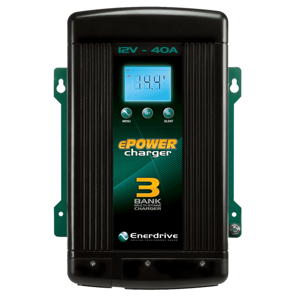 Front view of 12V 40A battery charger showing LCD screen, control buttons and cooling fins