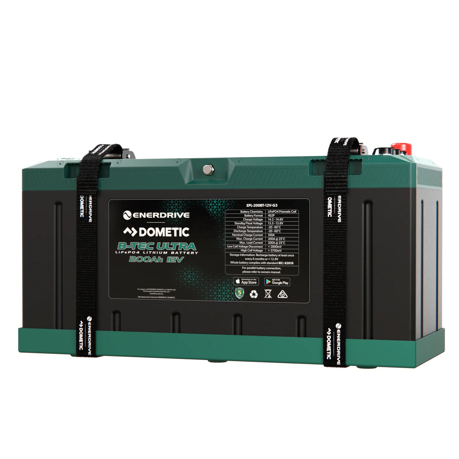 Front angle of Enerdrive 200Ah lithium battery in mounting tray with straps
