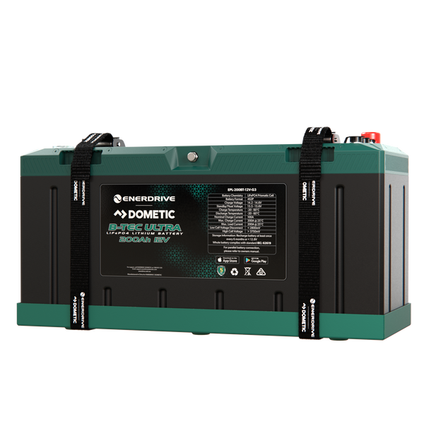 Front angle of Enerdrive 200Ah lithium battery in mounting tray with straps