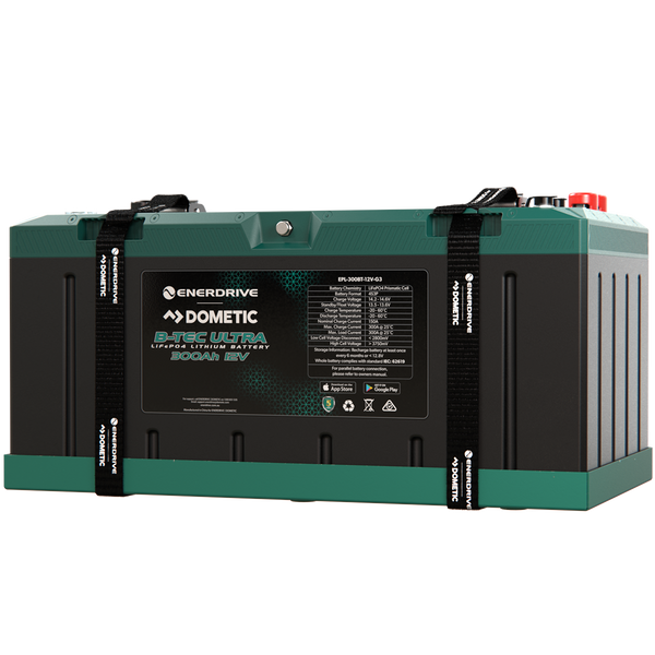 Enerdrive B-TEC Ultra 300Ah 12V IP67 waterproof lithium battery with mounting straps