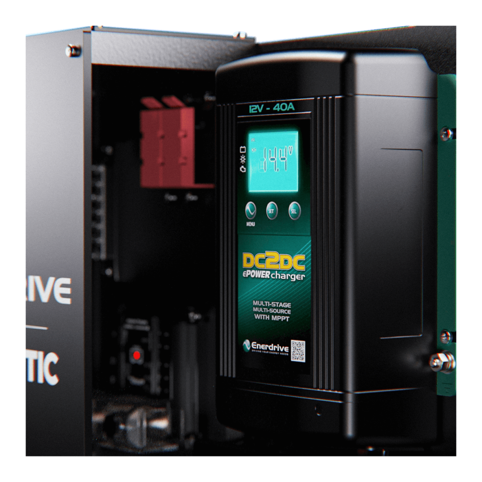Close-up of Enerdrive 12V 40A DC2DC battery charger with digital voltage display