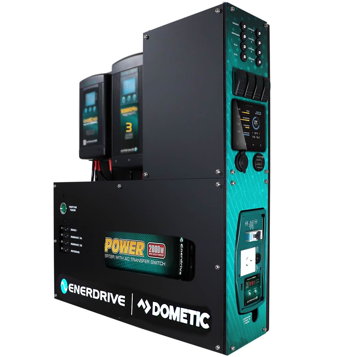 Angled view of pre-wired power system board with AC and DC chargers, inverter and monitoring screen