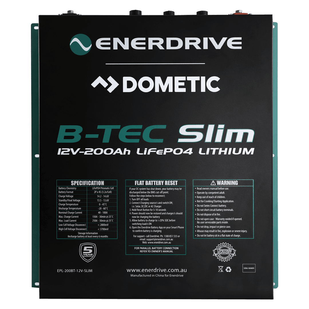 Front panel of Enerdrive B-TEC Slim battery detailing specifications, safety warnings and reset procedure
