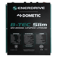 Front panel of Enerdrive B-TEC Slim battery detailing specifications, safety warnings and reset procedure
