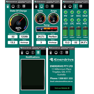 Screenshots of Enerdrive mobile app displaying battery monitoring, alerts and diagnostic information