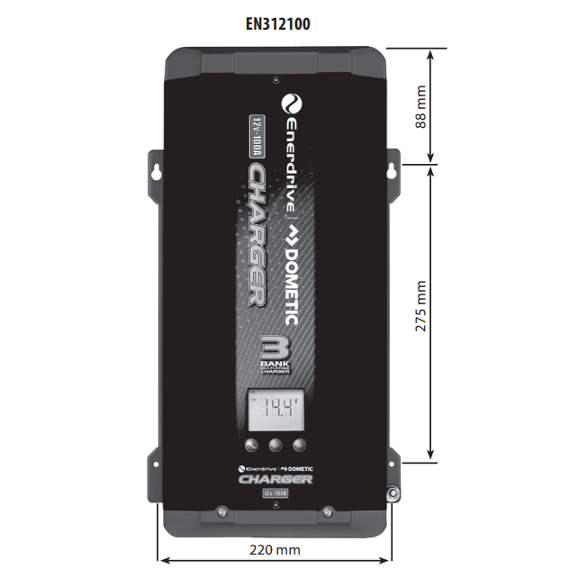Dimensional drawing of 12V 100A charger indicating 425mm length and 220mm width