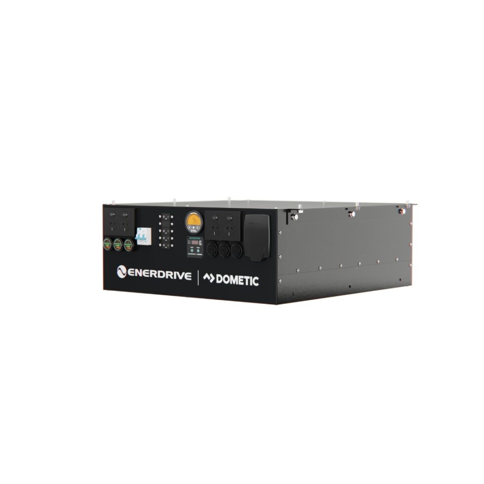 Front view of the Enerdrive Commercial Power System with integrated outlets and ePRO monitor