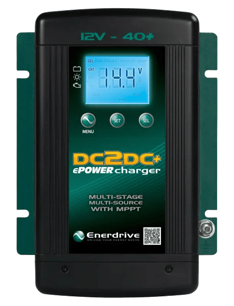 Close-up of Enerdrive DC2DC+ battery charger interface showing voltage display and control buttons