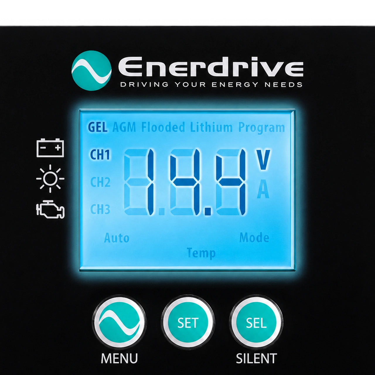 Detail of Enerdrive DC2DC charger remote screen and backlit buttons