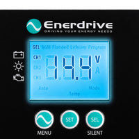 Detail of Enerdrive DC2DC charger remote screen and backlit buttons