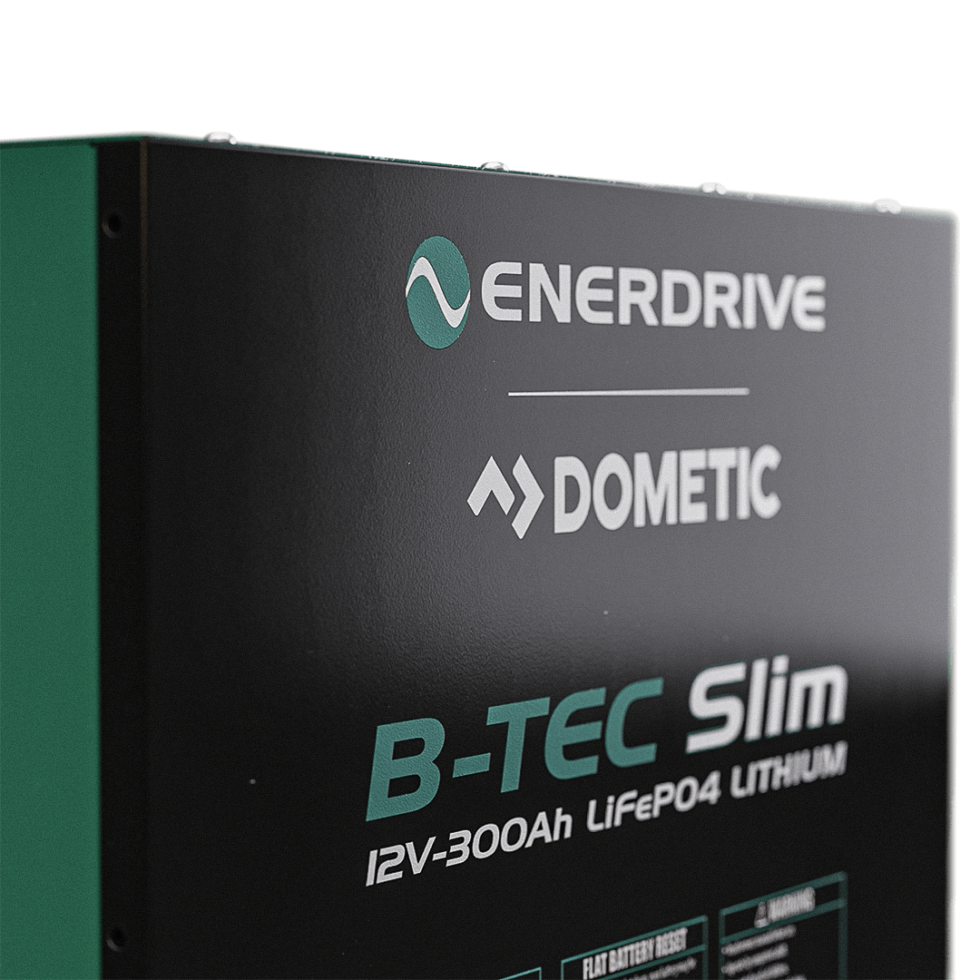 Close-up of Enerdrive and Dometic branding on the B-TEC Slim lithium battery