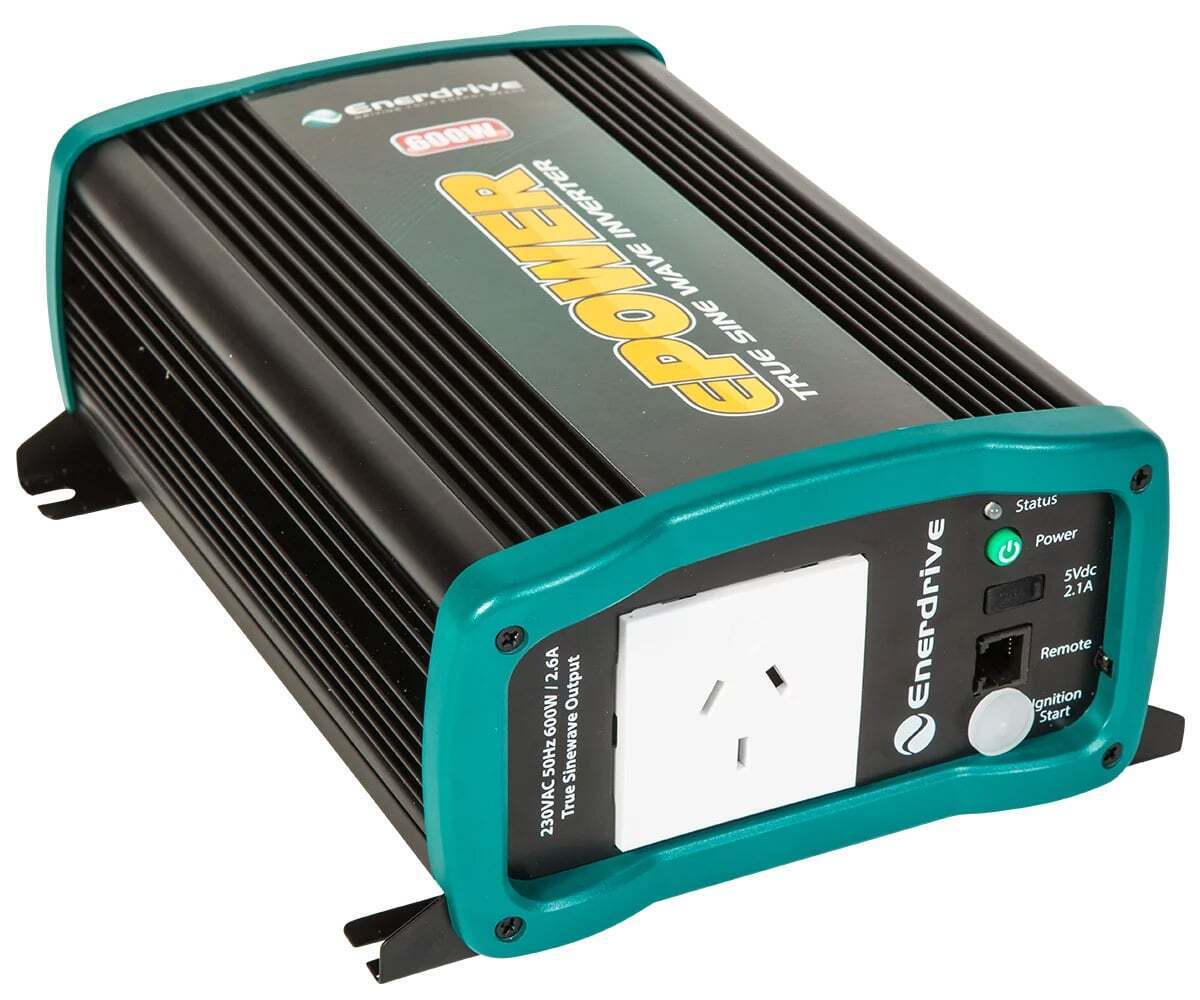 Angled view of Enerdrive 600W inverter showing front panel outlets and cooling fins
