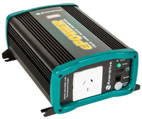Angled view of Enerdrive 600W inverter showing front panel outlets and cooling fins