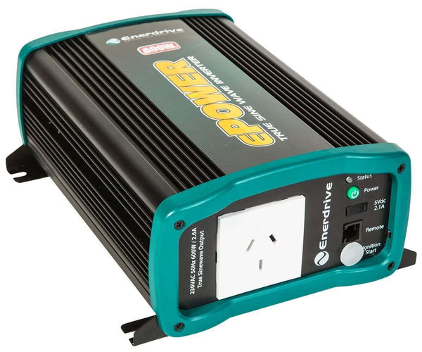 Angled view of Enerdrive 600W inverter showing front panel outlets and cooling fins