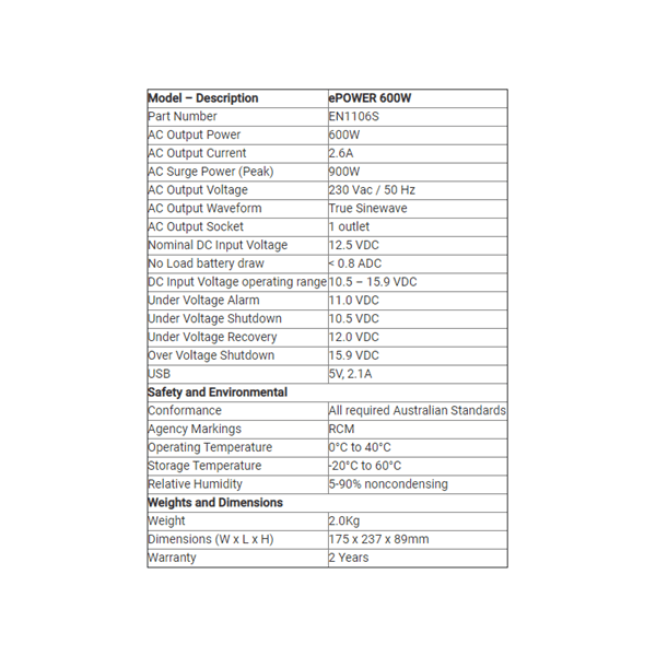 Technical specifications table for Enerdrive EN1106S 600W inverter