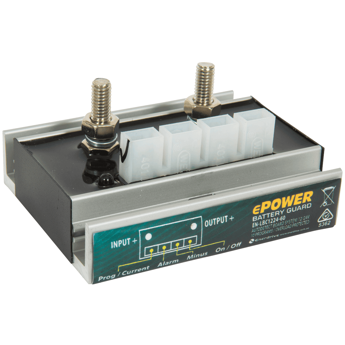 Angled view of Enerdrive ePOWER Battery Guard showing connection terminals and control block