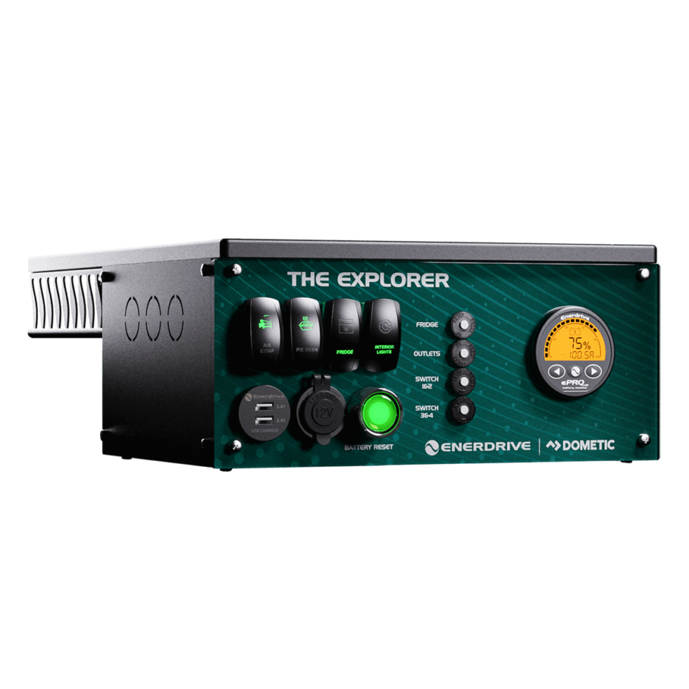 Teal top-mount configuration of the Explorer canopy power system with switches and monitor