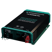 Angled view showing AC sockets, DC terminals and cooling vents on the inverter charger