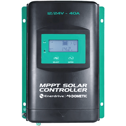 Front view of Enerdrive 40A MPPT solar controller with LCD screen and green mounting flanges