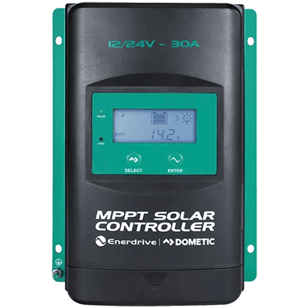 Front view of 30A MPPT solar charge controller with LCD screen, navigation buttons and green mounting flanges